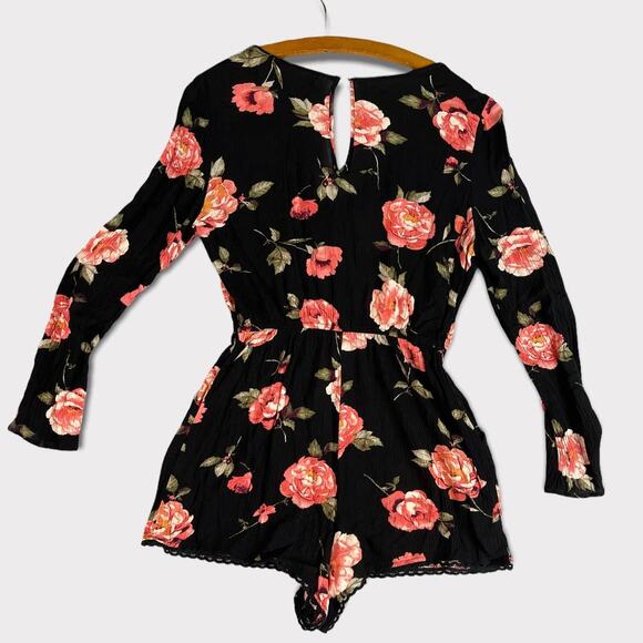 Rewind Juniors Small Romper Black Floral Long Sleeve Rayon - Picture 2 of 8